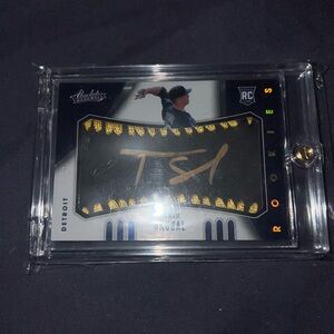 Baseball Tarik Skubel Rookie Card with Signature. On baseball leather in hard ca